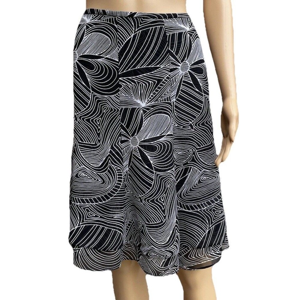 14 Tahari Skirt Tiered Sheer Ruffle Fit Flare Layer Black White Floral Abstract
